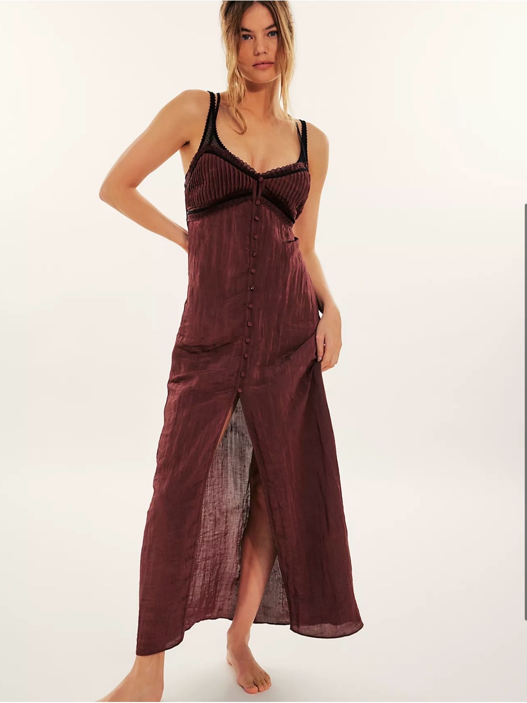 Free People Wine Red Button-Front Slip Maxi Dress Black Lace Trim Small